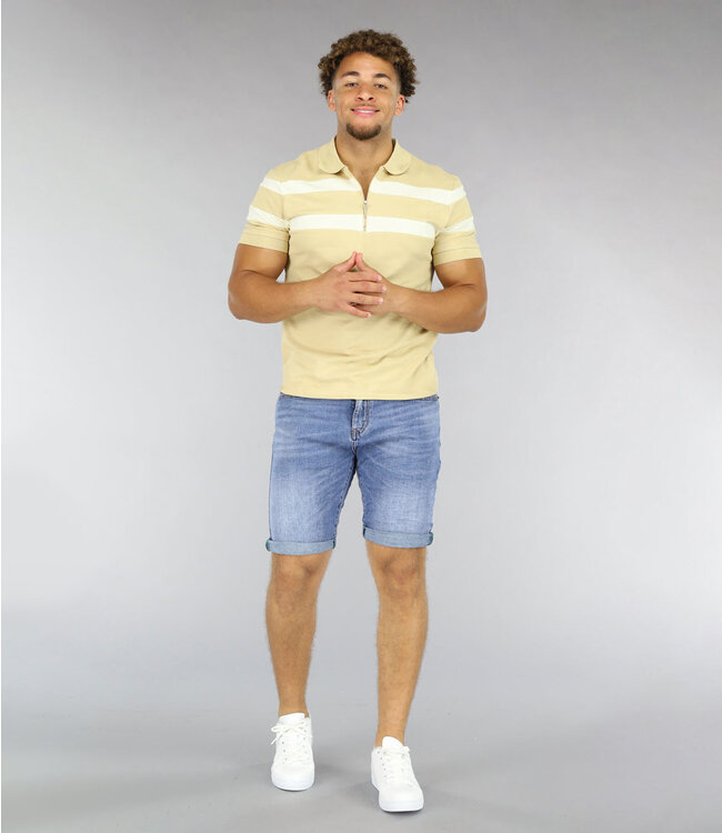 Beige Heren Polo met Witte Strepen