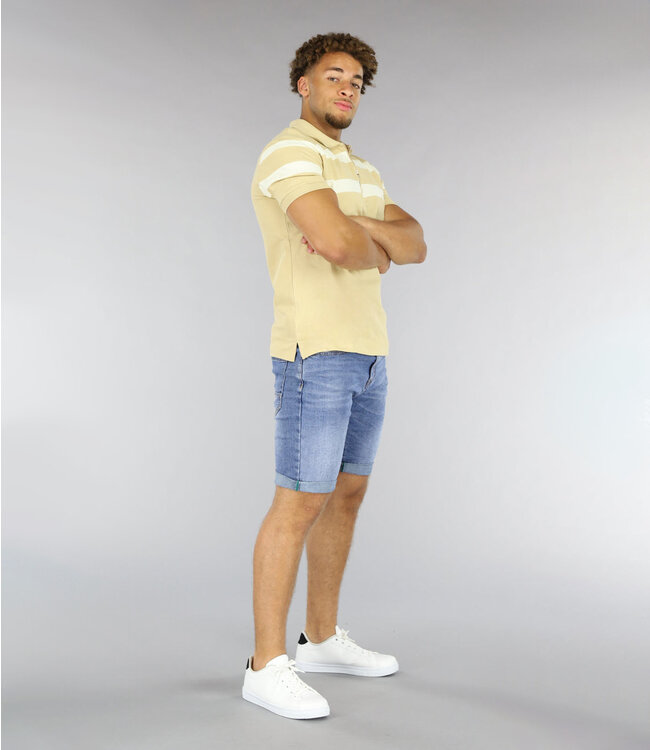 Beige Heren Polo met Witte Strepen