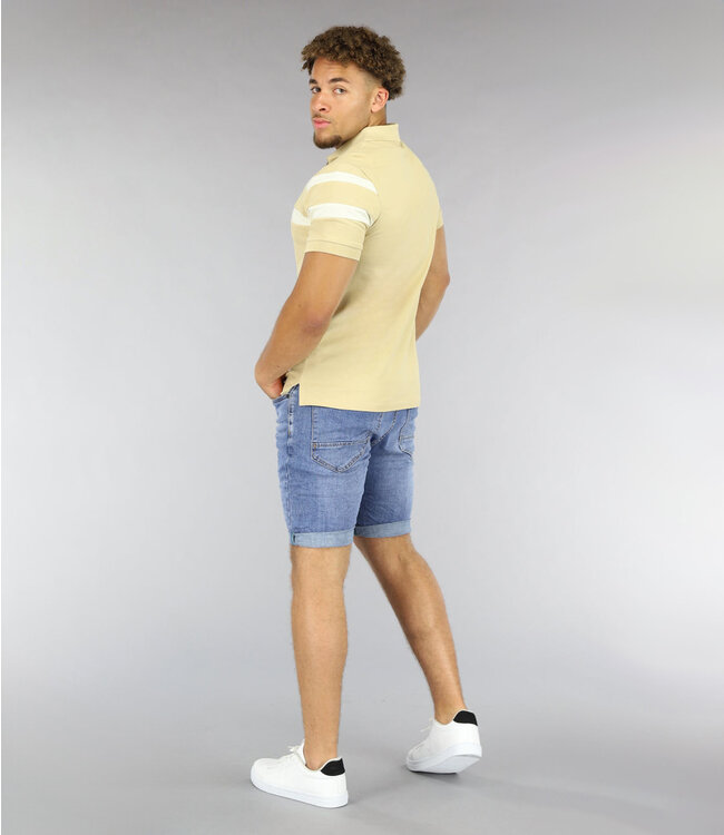 Beige Heren Polo met Witte Strepen