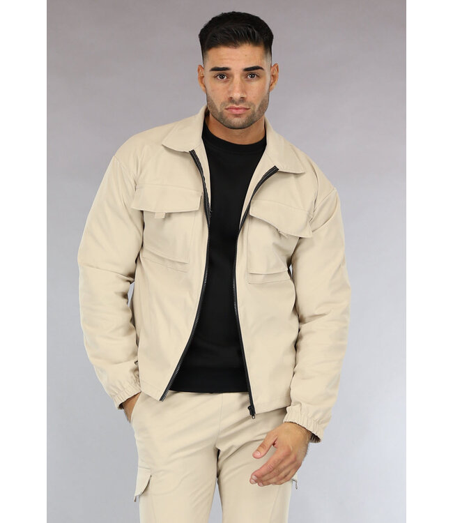 Beige Heren Jas met Cargo Zakken van Parachute Stof