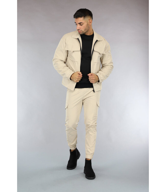 Beige Heren Jas met Cargo Zakken van Parachute Stof