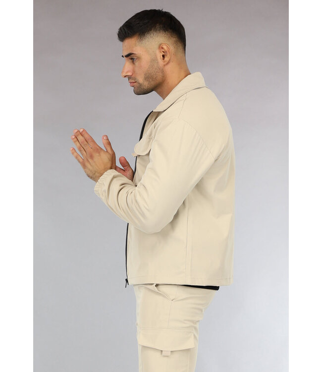 Beige Heren Jas met Cargo Zakken van Parachute Stof