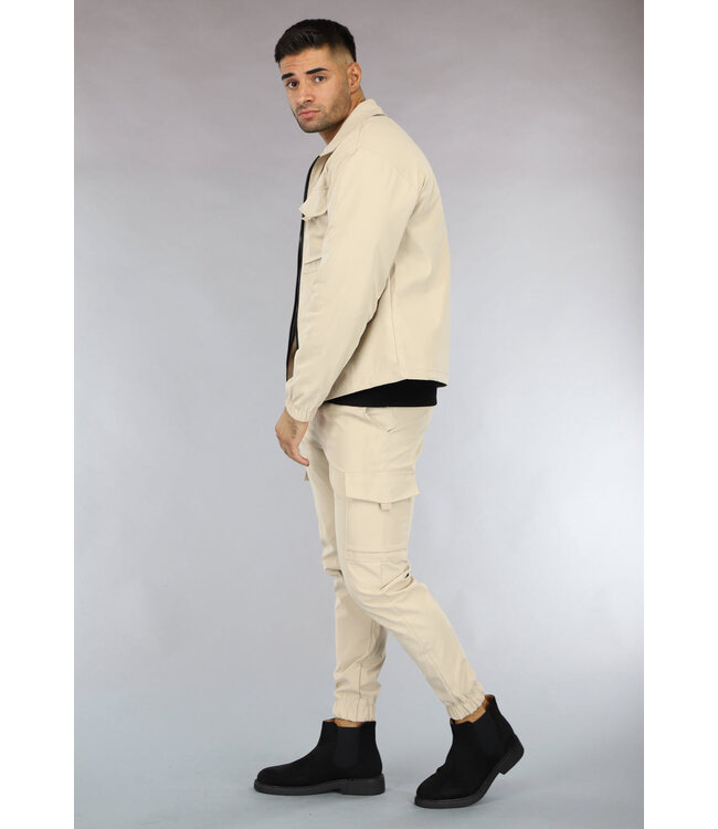 Beige Heren Jas met Cargo Zakken van Parachute Stof