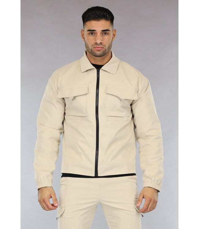 Beige Heren Jas met Cargo Zakken van Parachute Stof