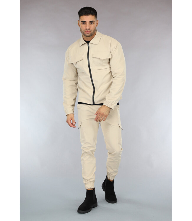 Beige Heren Jas met Cargo Zakken van Parachute Stof