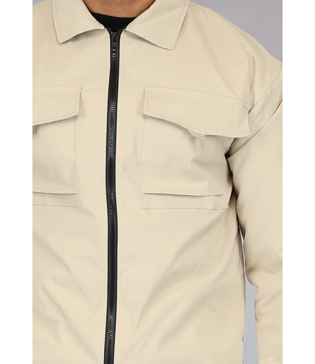 Beige Heren Jas met Cargo Zakken van Parachute Stof