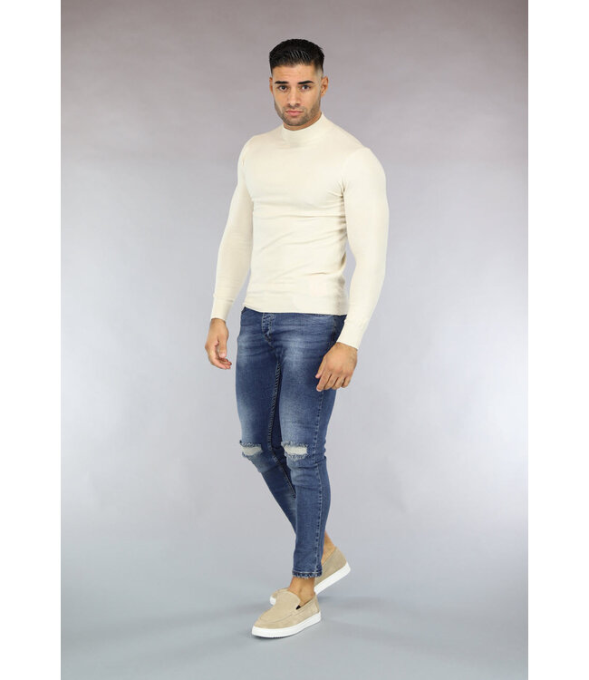 Beige Mannen Trui met Kleine Col