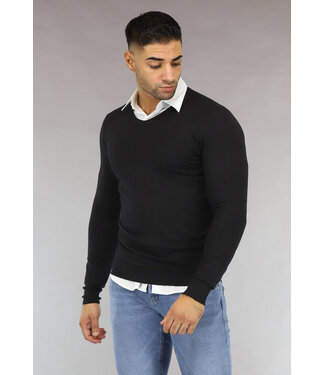 NEW0610 Zwarte Heren Pullover Trui met V Hals