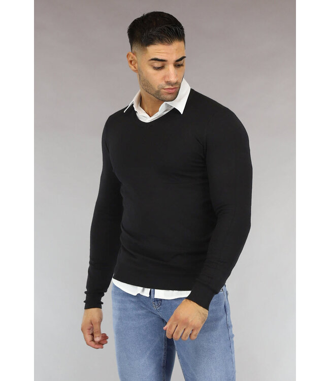 Zwarte Heren Pullover Trui met V Hals