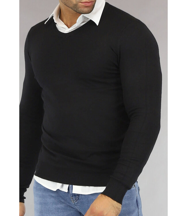 Zwarte Heren Pullover Trui met V Hals