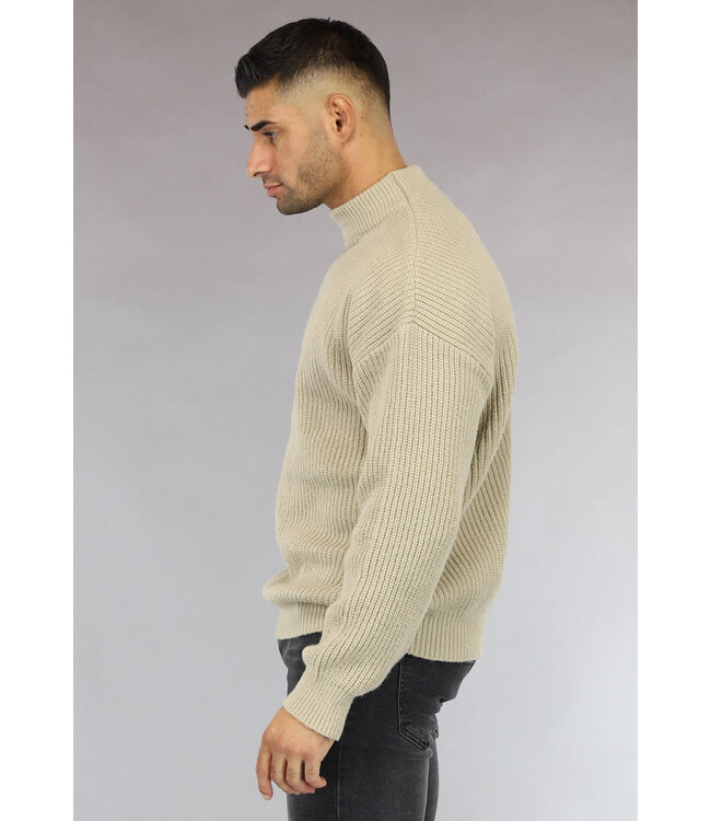 Gebreide Beige Heren Trui met Hoge Hals
