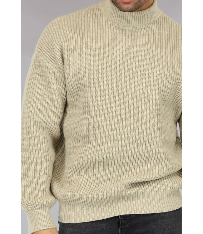 Gebreide Beige Heren Trui met Hoge Hals