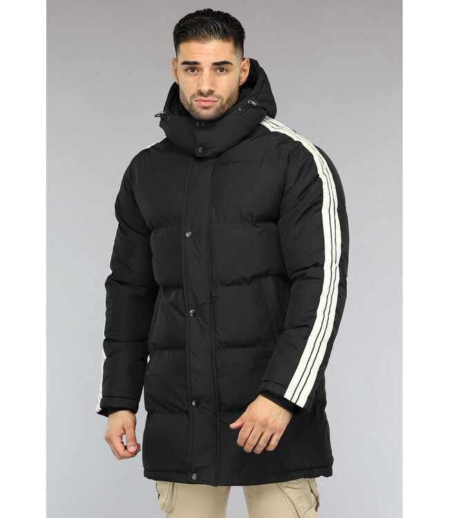 Zwarte Padded Heren Winterjas met Capuchon en Streepdetail