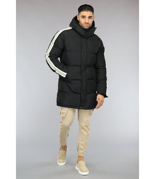 Zwarte Padded Heren Winterjas met Capuchon en Streepdetail