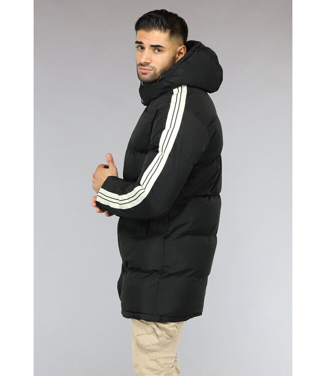 Zwarte Padded Heren Winterjas met Capuchon en Streepdetail