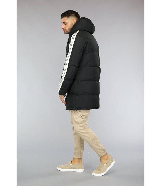 Zwarte Padded Heren Winterjas met Capuchon en Streepdetail
