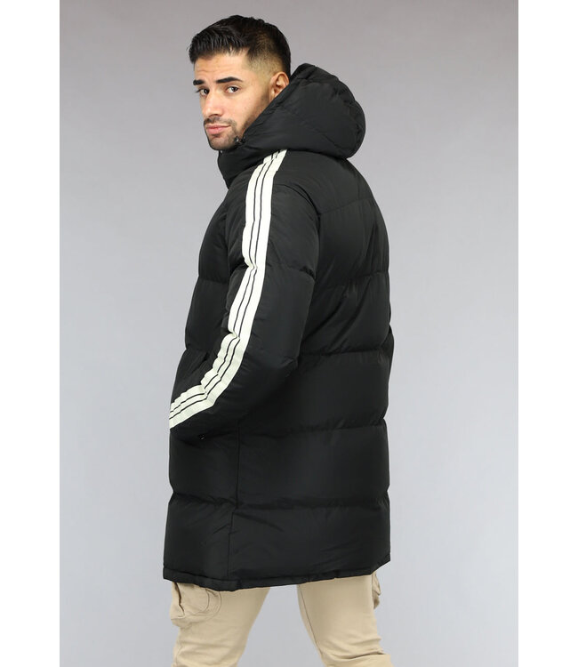 Zwarte Padded Heren Winterjas met Capuchon en Streepdetail