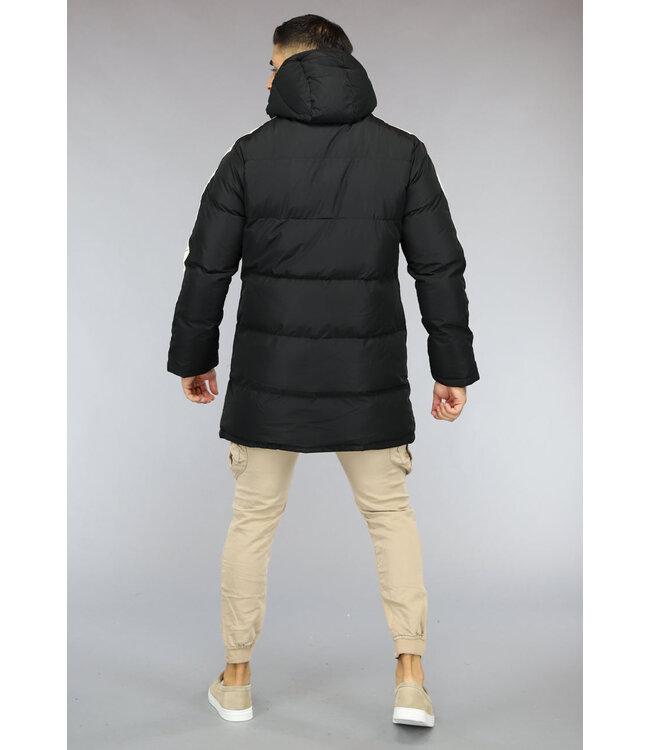 Zwarte Padded Heren Winterjas met Capuchon en Streepdetail