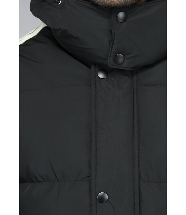 Zwarte Padded Heren Winterjas met Capuchon en Streepdetail