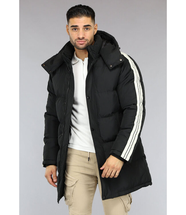 Zwarte Padded Heren Winterjas met Capuchon en Streepdetail