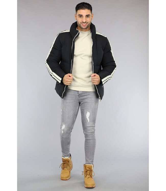 Zwarte Padded Heren Winterjas met Streepdetail
