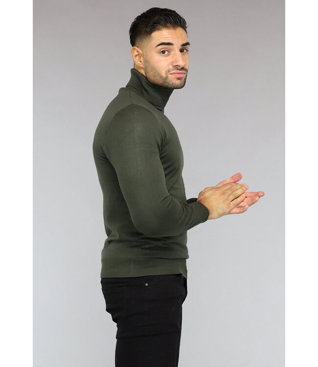 Basic Groene Heren Trui met Hoge Col Black Leo