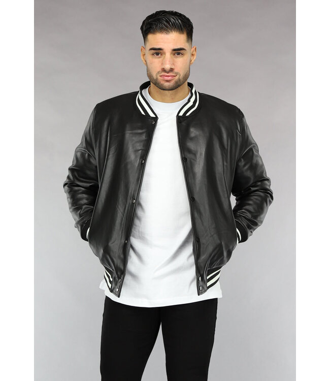 Zwarte Lederlook Bomber Najaar Jas