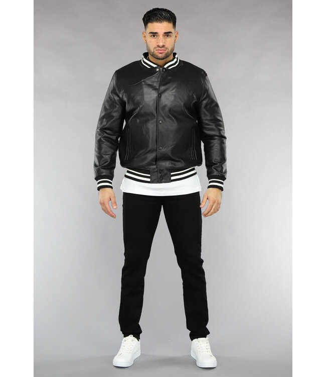 Zwarte Lederlook Bomber Najaar Jas