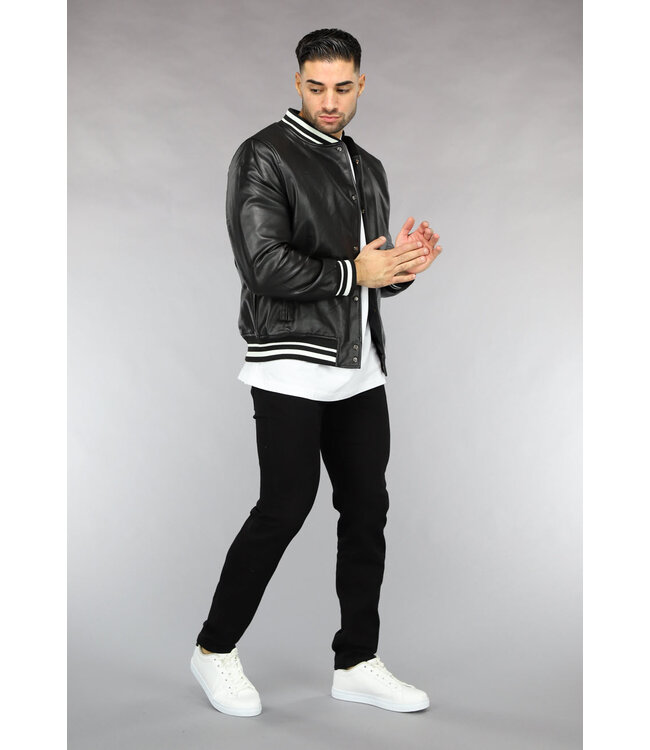 Zwarte Lederlook Bomber Najaar Jas