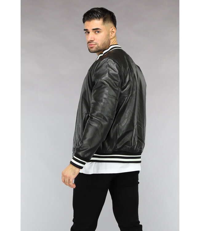 Zwarte Lederlook Bomber Najaar Jas