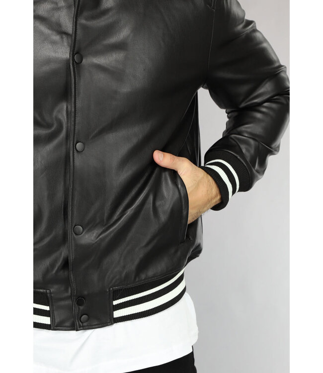 Zwarte Lederlook Bomber Najaar Jas