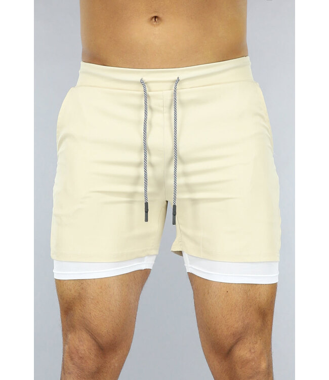 NEW2411 Beige Heren Sport Short met Ingewerkt Aansluitend Broekje