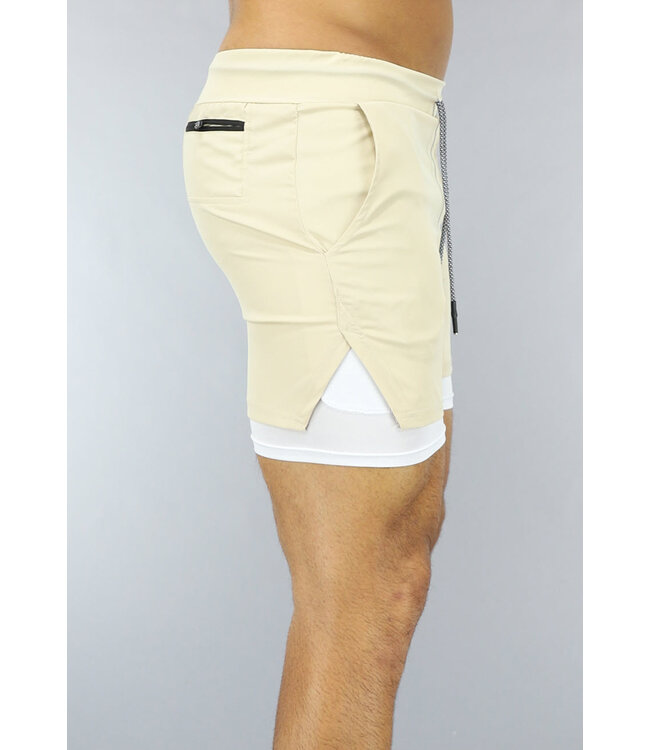 Beige Heren Sport Short met Ingewerkt Aansluitend Broekje
