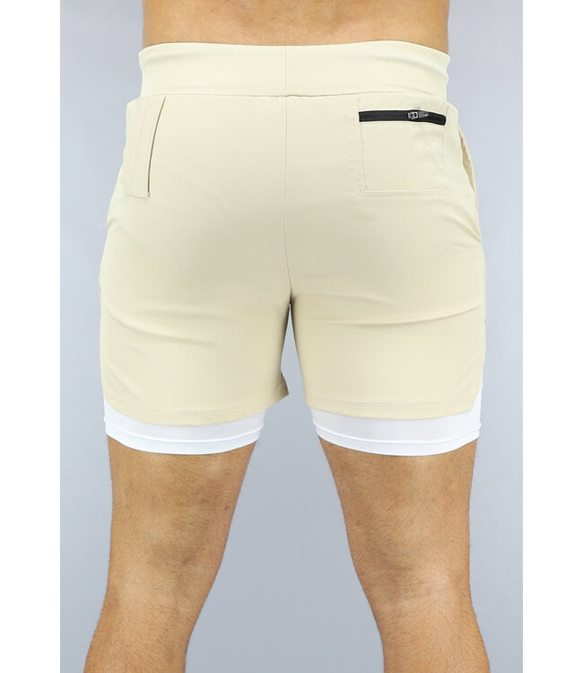 Beige Heren Sport Short met Ingewerkt Aansluitend Broekje