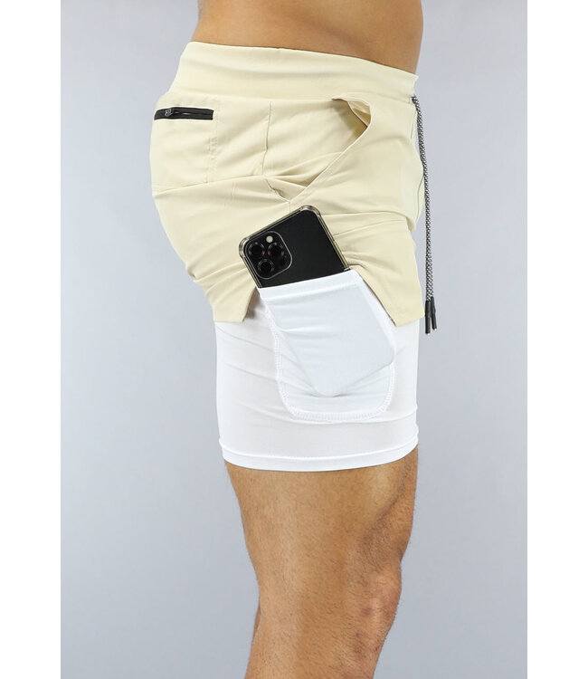 Beige Heren Sport Short met Ingewerkt Aansluitend Broekje