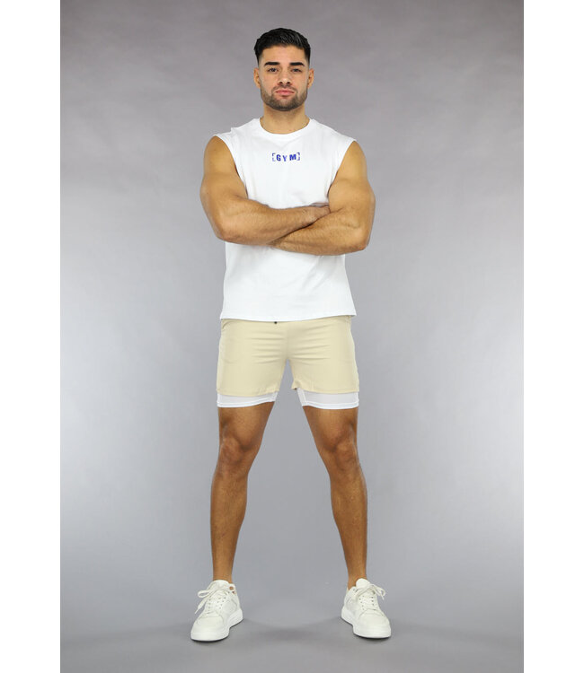 Beige Heren Sport Short met Ingewerkt Aansluitend Broekje