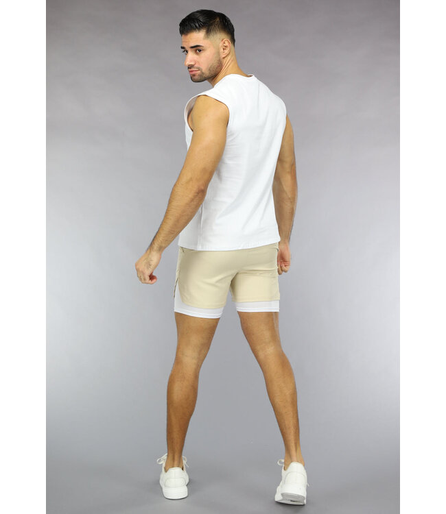 NEW2411 Beige Heren Sport Short met Ingewerkt Aansluitend Broekje