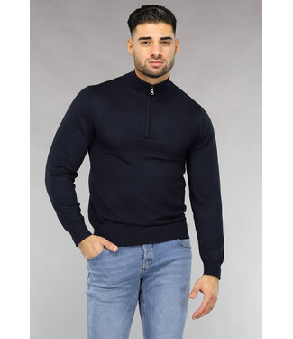 Navy Heren Trui met Halflange Rits