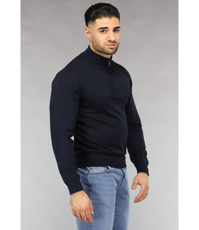 Navy Heren Trui met Halflange Rits