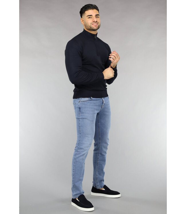 Navy Heren Trui met Halflange Rits