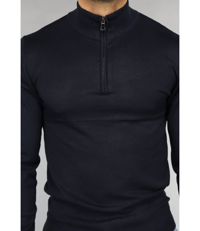 Navy Heren Trui met Halflange Rits