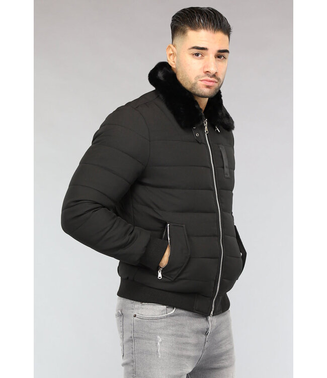 Zwarte Mannen Winterjas met Imitatiebontkraag