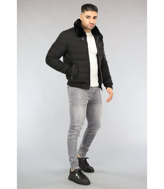 Zwarte Mannen Winterjas met Imitatiebontkraag