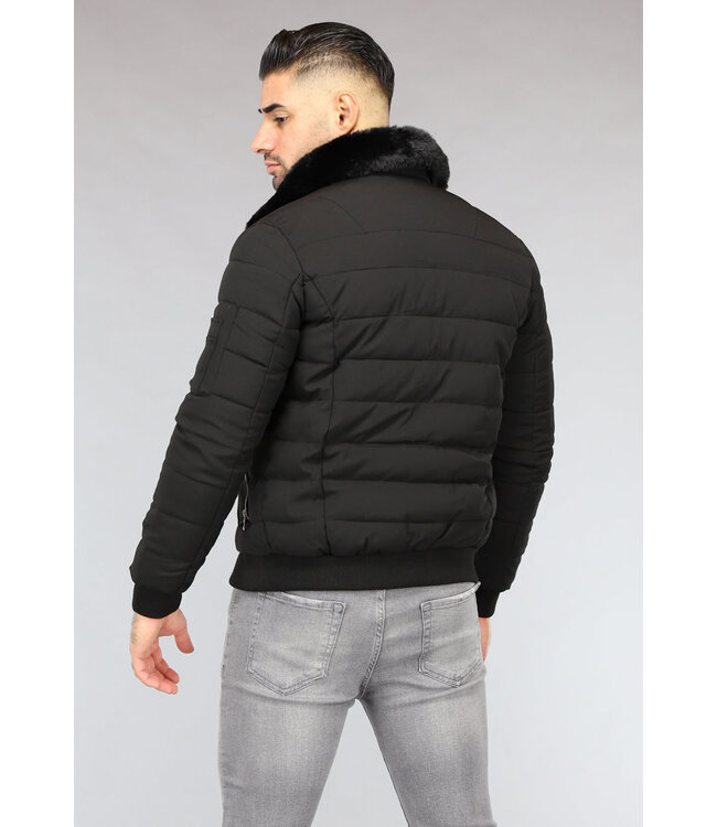 Zwarte Mannen Winterjas met Imitatiebontkraag