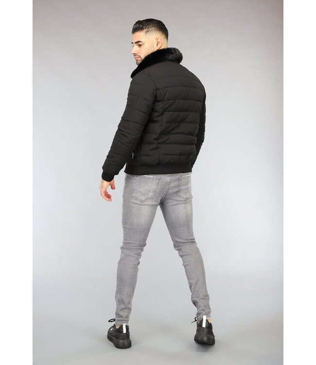 Zwarte Mannen Winterjas met Imitatiebontkraag