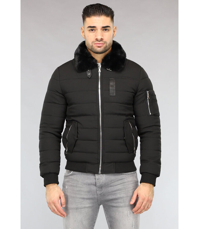 Zwarte Mannen Winterjas met Imitatiebontkraag