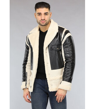 Beige Heren Lammy Coat met Lederlook Details