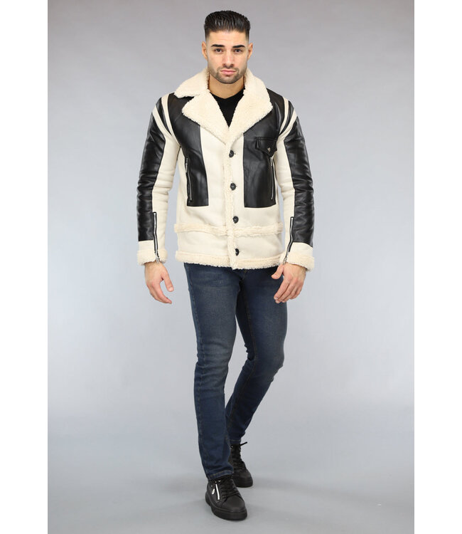 Beige Heren Lammy Coat met Lederlook Details