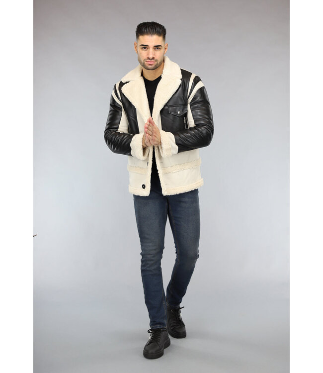 Beige Heren Lammy Coat met Lederlook Details