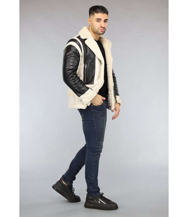 Beige Heren Lammy Coat met Lederlook Details